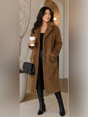 Cozy Long Teddy Jacket in Camel Brown by Forever 21